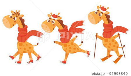 Collection winter giraffes. Cute animal skating, skiing, winter sports. Vector illustration. Funny character giraffe in cartoon style for design of your cards, printing, decor and kids collection. 95993349