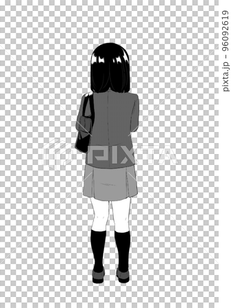 High school girl holding a bag, back view, monochrome 96092619