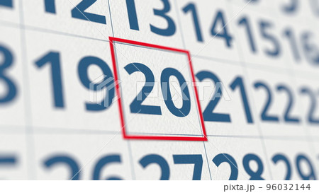 Calendar with marked 20 day of the month close-up. 3D rendering 96032144