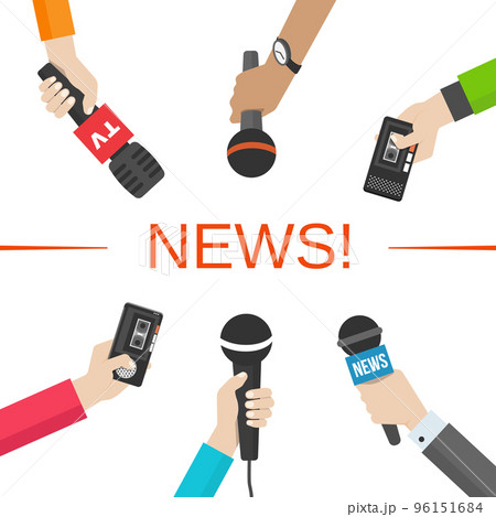 News, journalism concept. Hands with microphones and dictaphones 96151684