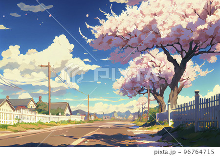 イメージ素材:アニメ風の桜の街並みの風景 96764715