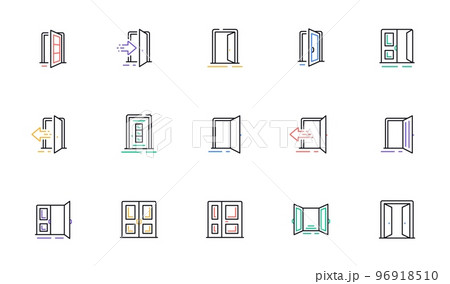 Entrance line icons. Open door, Building entry, Emergency exit. Closed doorway, Doorframe, House entrance outline icons. Door knob, home entry, building access. Interior gate, double door. Vector 96918510