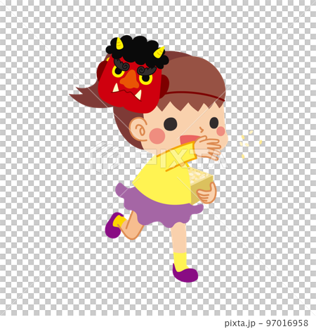 Illustration of a cute little girl wearing a red ogre mask who is sowing beans, Setsubun, white background, person 97016958