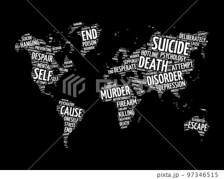 Suicide word cloud in shape of world map, concept background 97346515