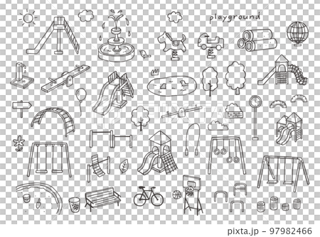 Hand-drawn illustration set of park playground equipment (monochrome) 97982466