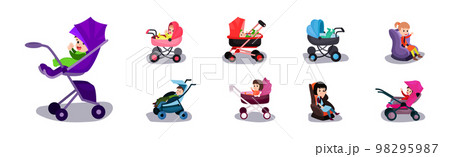 Cute Baby Boy and Girl in Carriage or Stroller Vector Set 98295987