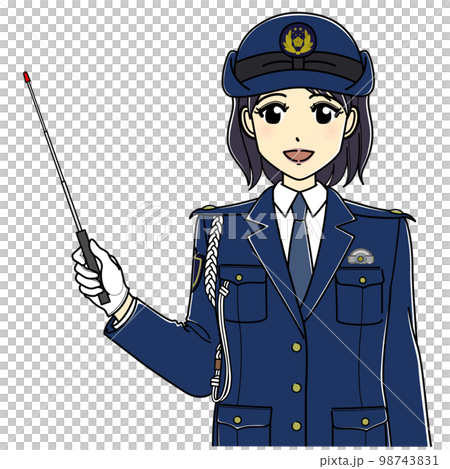 指示棒を持つ女性警察官（上半身・笑顔） 98743831