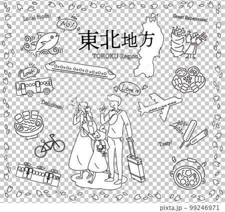 A family of three who enjoys spring gourmet sightseeing in the Tohoku region of Japan, a set of icons (line drawing black and white) 99246971