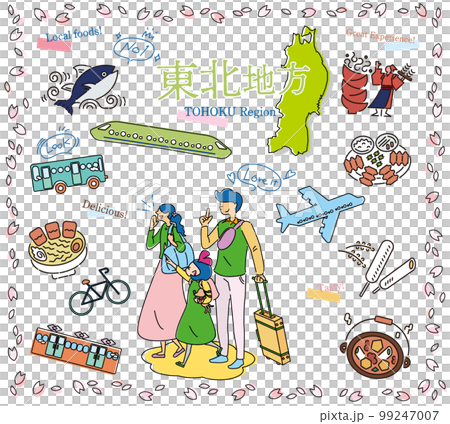 A family of three enjoying spring gourmet sightseeing in the Tohoku region of Japan, a set of icons (line drawing) 99247007