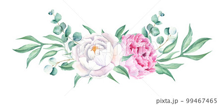 Watercolor garland peony bouquet isolated on white background. White and pink peonies, eucalyptus. Hand drawn botanical illustration. Can be used for wedding, birthday, greeting cards design. 99467465