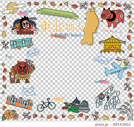 A set of icons for sightseeing in autumn in the Tohoku region of Japan (line drawing) 99543002