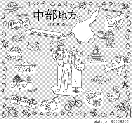 A senior couple who enjoys autumn specialties sightseeing in the Chubu region of Japan, a set of icons (line drawing black and white) 99639205