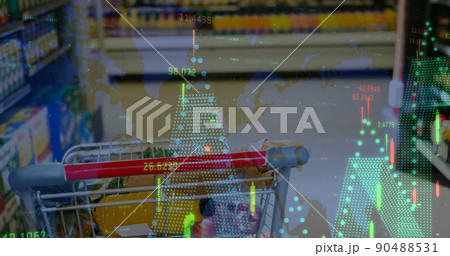 Image of data processing over trolley in shop 90488531