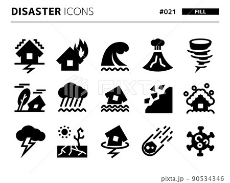 災害に関連する塗りつぶしスタイルのアイコンセット_021 90534346