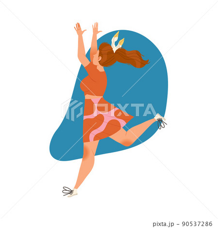 Jumping Redhead Woman Character with Raised Hands Feeling Joy and Excitement Vector Illustration 90537286