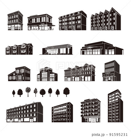 様々な建物のベクターイラスト. 建物のシルエット. 91595231