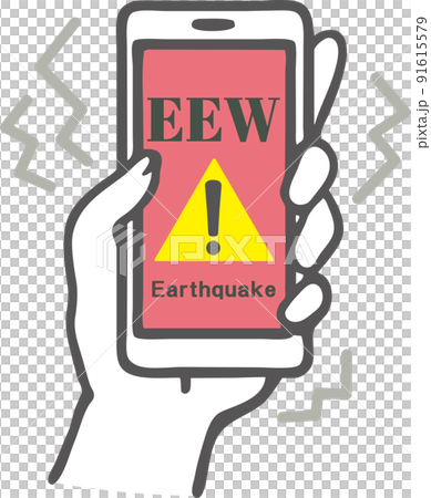 英語表記（EEW）の緊急地震速報が鳴るスマホを持つ手のイラスト素材 91615579