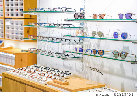 beautiful glasses on the display shelf in the department store Japan. 91818451