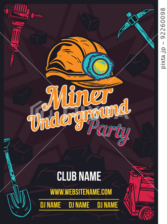 Advertising poster design with illustration of miner's helmet and equipment on background. 92260098