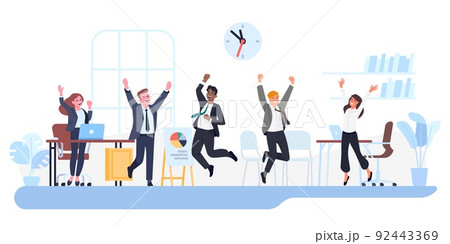 Happy business people. Cheerful men and women jumping in office. Employees work success. Workers team victory. Businessmen celebrating achievements. Excited colleagues poses. Vector concept 92443369