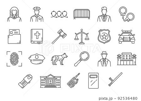 Justice, legal service, police, court, law and lawyer outline icons. Isolated vector judge, gavel and attorney, law book, lawsuit document, justice scales, jail or prison, officer, dog and handcuffs 92536480