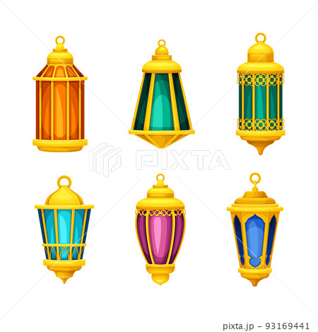 Bright Arabic Lantern with Golden Ornamental Frame and Hoop for Hanging on Top Vector Set 93169441