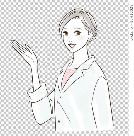 Illustration of a female doctor in a white coat guiding with a smile 93416025