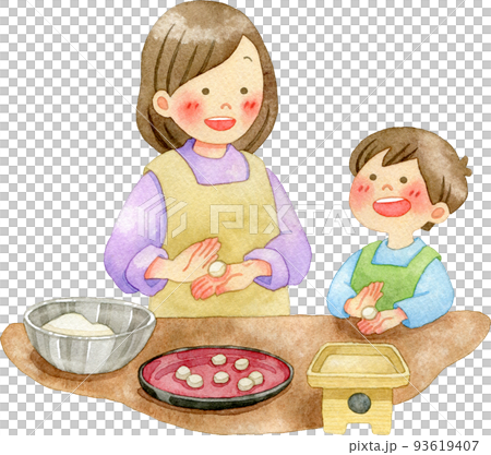 Illustration of parent and child making moon dumplings 93619407