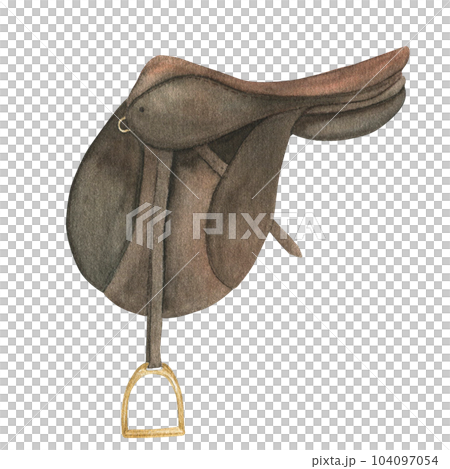 Watercolor illustration of equestrian equipment brown saddle, ammunition and accessories for horse riding. Isolated. 104097054