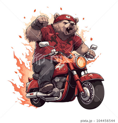 Cartoon drawing of a menacing biker bear on a motorcycle on a white background 104456544