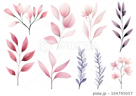 Watercolor of Tropical spring floral green leaves and flowers elements isolated on white background, bouquets greeting or wedding card decoration, with Generative Ai. 104795057