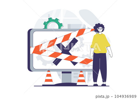 Page not found concept with people scene in flat design for web. Man frustrated getting warning message about connection problem. Vector illustration for social media banner, marketing material. 104936989