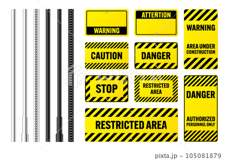 Warning, danger signs, attention banners with metal poles. Yellow caution sign, construction site signage. Notice signboard, warning banner, road shield. Vector illustration 105081879