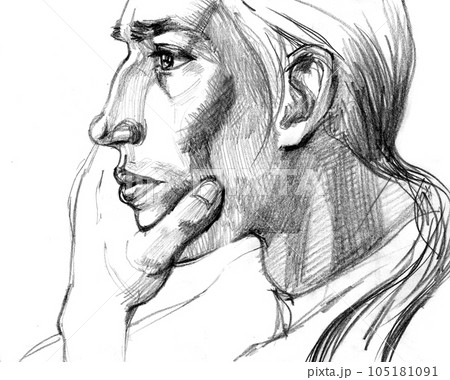 Sketch portrait of a man with long hair 105181091