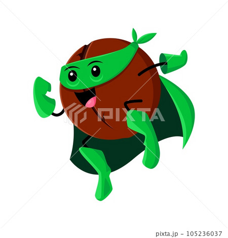 Cartoon macadamia nut superhero character flying with raised hand. Vector personage of brown shell nut with happy smile, super hero costume, coat, mask. Raw fruit of macadamia tree, super food emoji 105236037