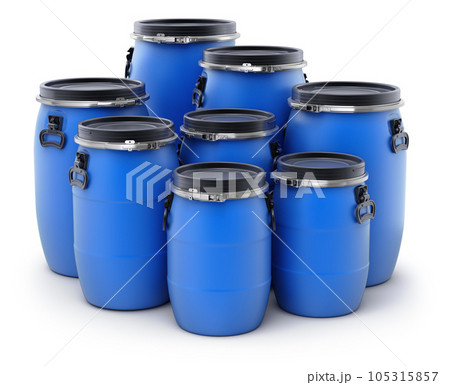 Blue plastic storage barrels on white background - 3D illustration  105315857