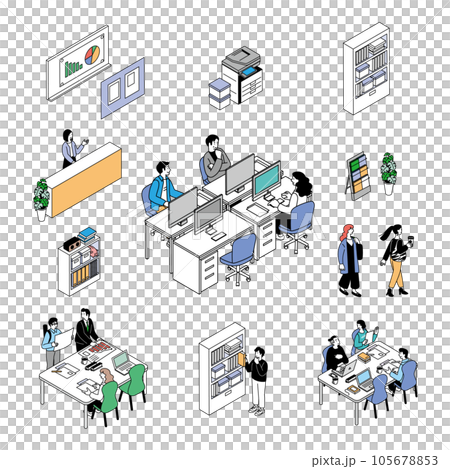 People doing office work in isometric composition Illustration set of men and women having meetings and desk work 105678853