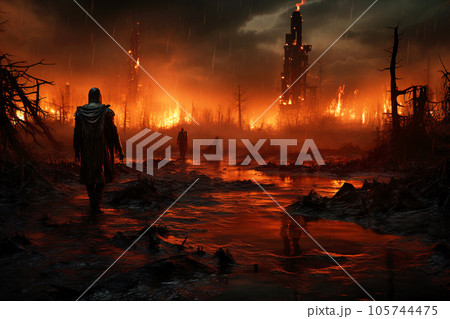 Post apocalypse landscape, apocalyptic scene with survivors and fire 105744475