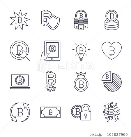 Bitcoin different icons set for internet money crypto currency symbol and coin image for using in web, apps, programs and other. Editable Stroke 105827960