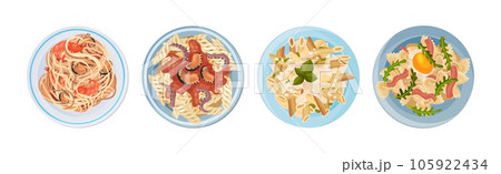 Different Pasta Dish as Italian Cuisine for Restaurant Menu Served on Plate Vector Set 105922434