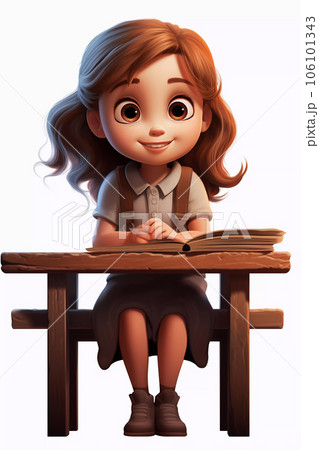 Cartoon Girl is Sitting at a School Desk 106101343