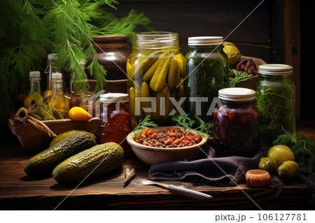 variety of pickles on rustic wooden table 106127781