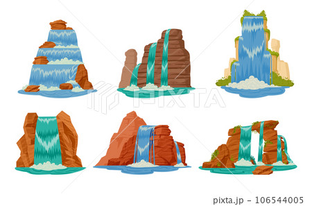 Waterfalls set. Cartoon river waterfall landscape with mountains and trees. Streaming water cascade flat vector illustration collection. Wild nature waterfalls 106544005