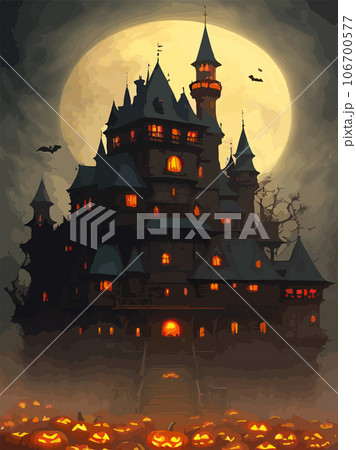 halloween night vector background. creepy halloween castle. scary castle vector illustration vertical poster. set for background, poster or flyer 106700577