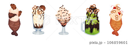 Sweet Ice Cream Dessert as Frozen Cool Summer Treat in Glass with Topping Vector Set 106859601