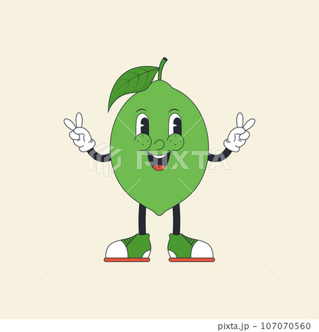 Groovy hippie cartoon lime in trendy 60s, 70s style. Vector illustration 107070560