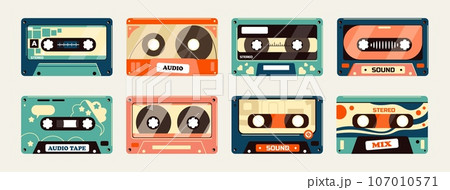 Retro cassette. Vintage 80s tape with stereo music, compact stereo audio tape with DJ music, retro disco sound source. Vector illustration 107010571