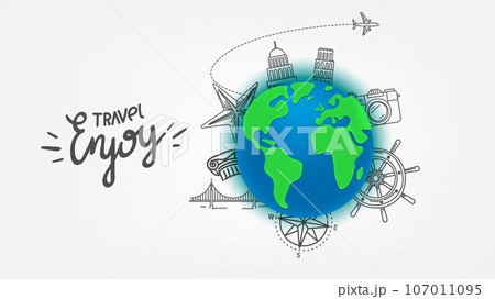 Enjoy your travel concept with the Earth and doodle elements. Vector banner with lettering text 107011095