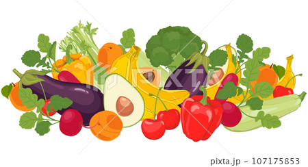 Set of products, healthy food. Fruits and vegetables on a white background. Flat vector illustration of vegetarian food. Harvest in cartoon style. 107175853