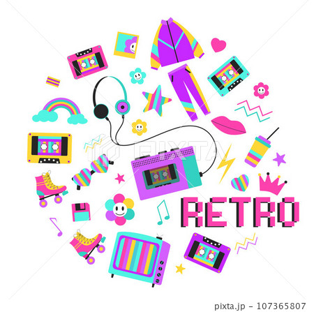 80s-90s retro style set. Retro items in neon colors. Vector flat illustration isolated on a white background. 107365807